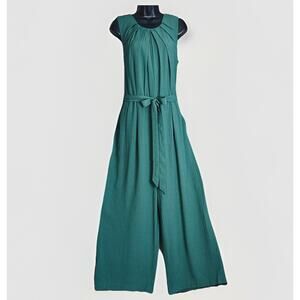 Calvin Klein Wide Leg Sleeveless Belted Jumpsuit Sz 14 Green Pleated Neck Pocket